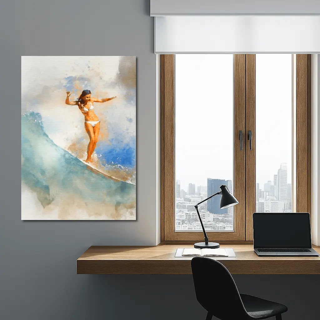 Watercolor Woman Surfing Blue Ocean Wave – Wall Art