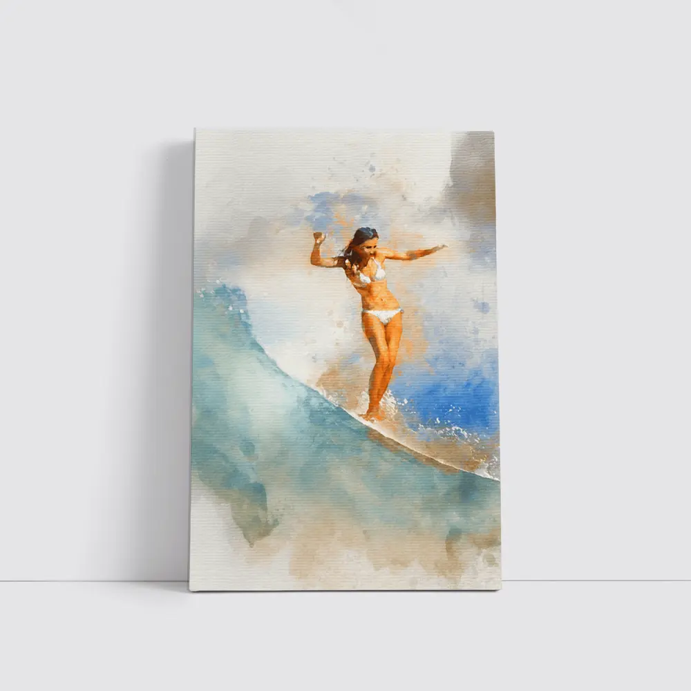 Watercolor Woman Surfing Blue Ocean Wave – Wall Art