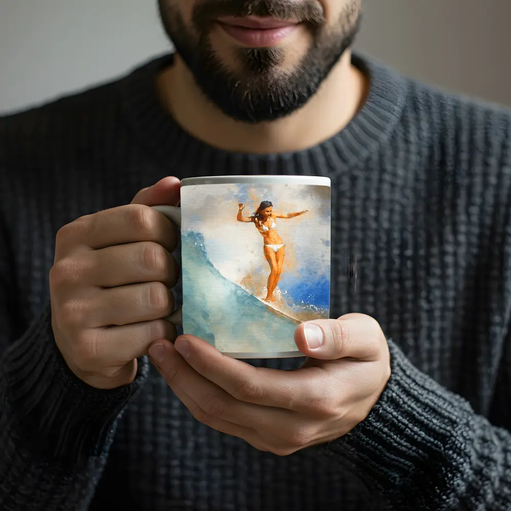 Watercolor Woman Surfing Blue Ocean Wave – Mugs