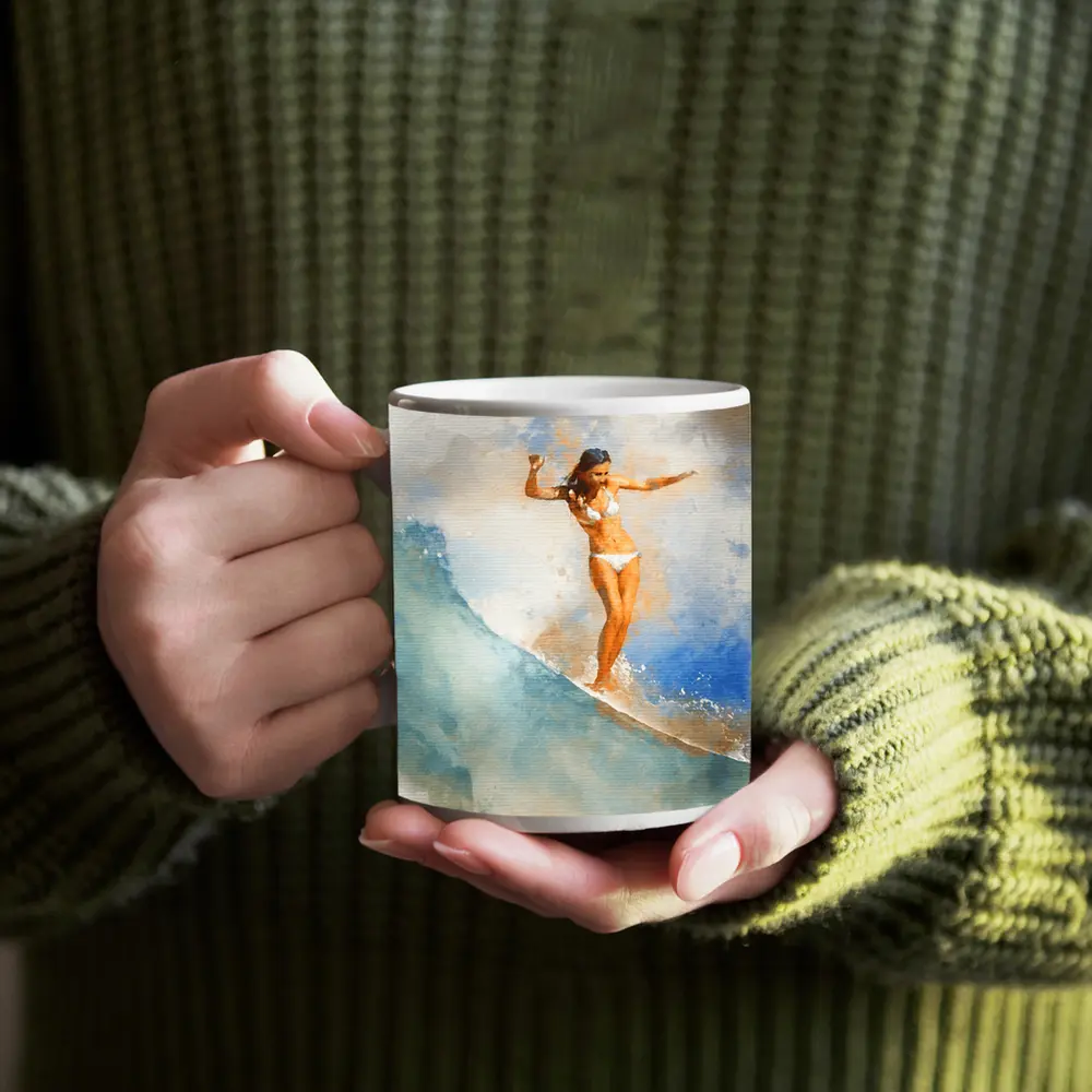Watercolor Woman Surfing Blue Ocean Wave – Mugs