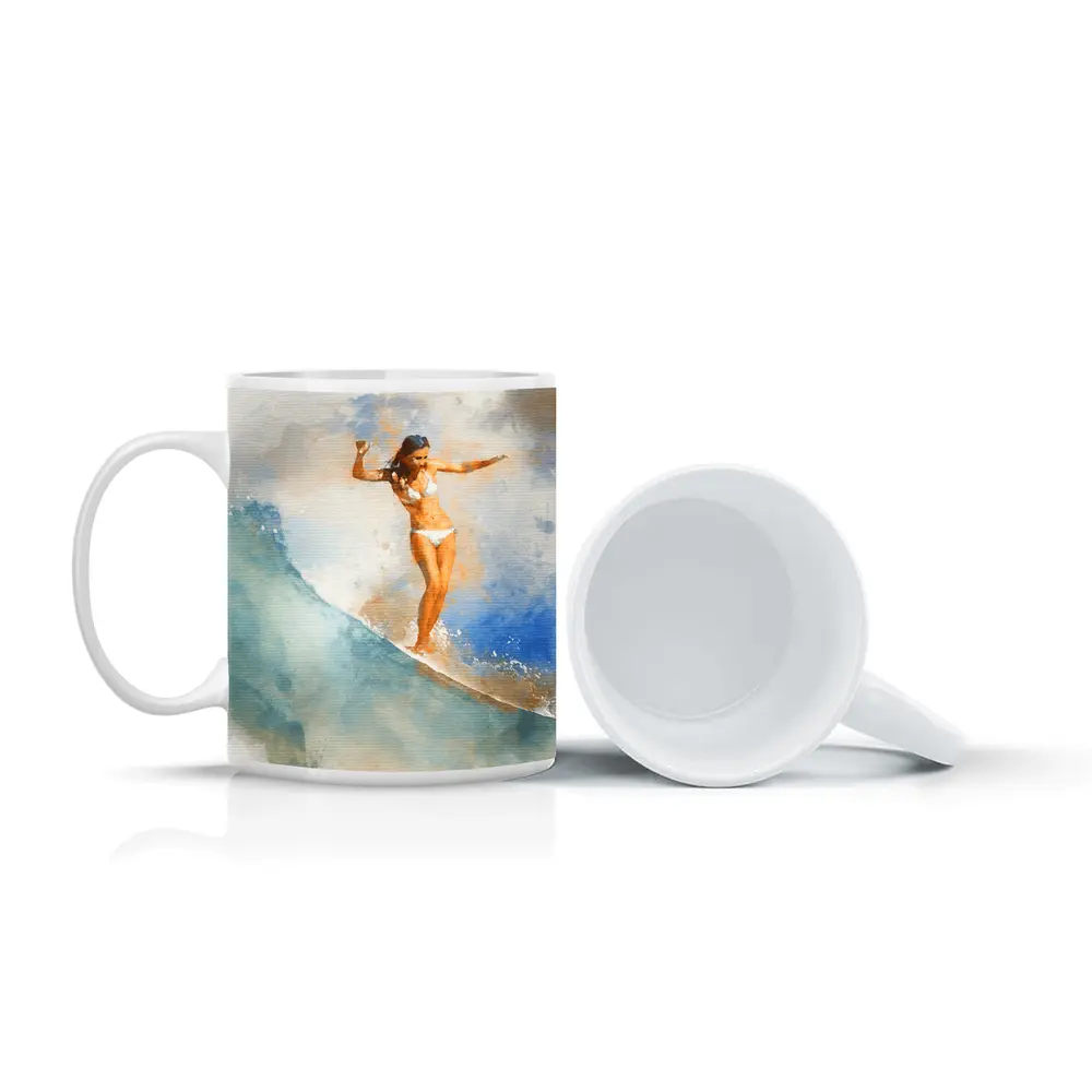 Watercolor Woman Surfing Blue Ocean Wave – Mugs