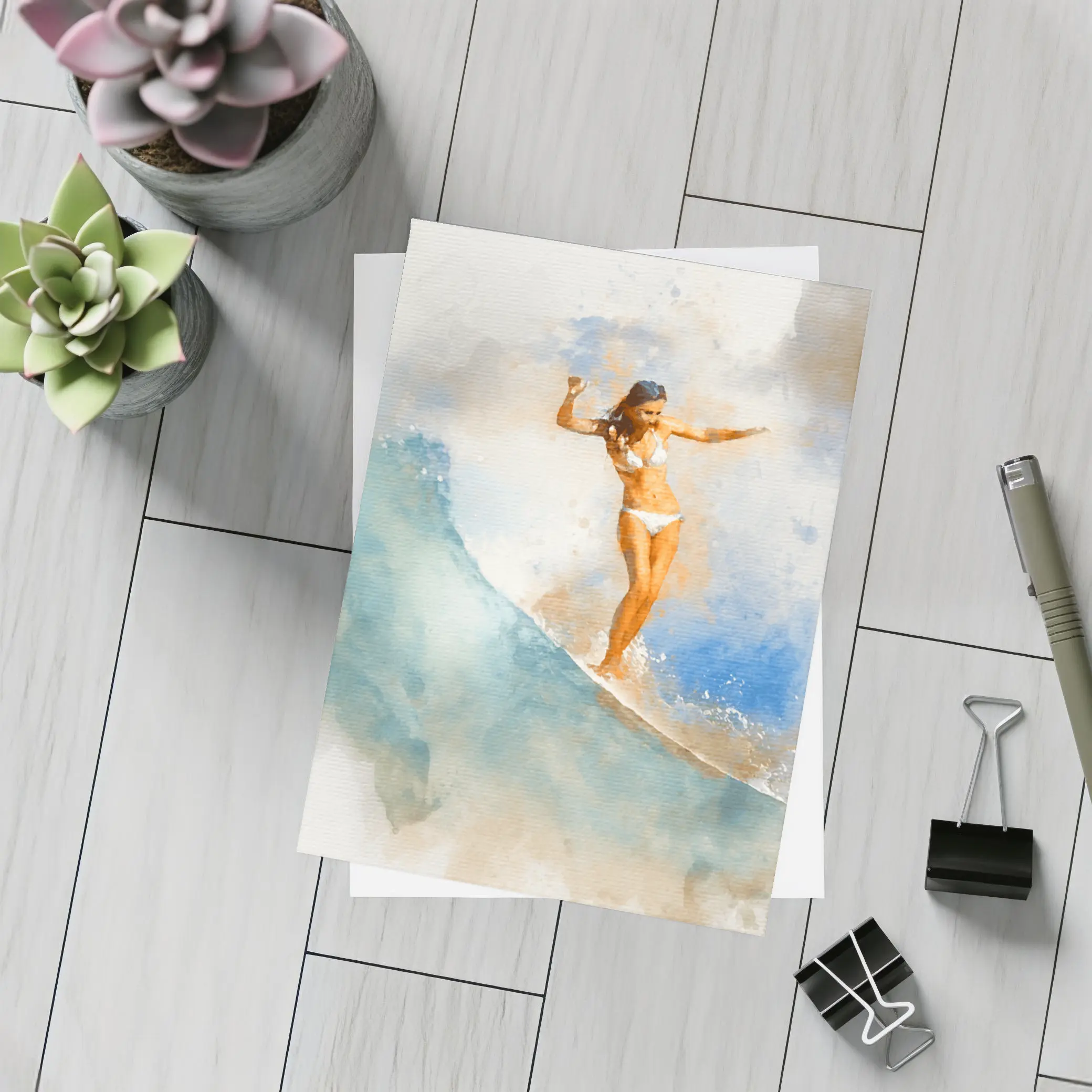 Watercolor Woman Surfing Blue Ocean Wave – Postcards