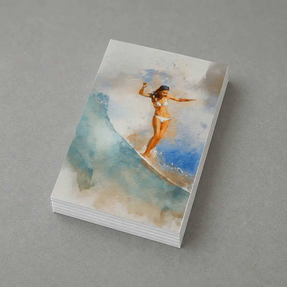 Watercolor Woman Surfing Blue Ocean Wave – Postcards