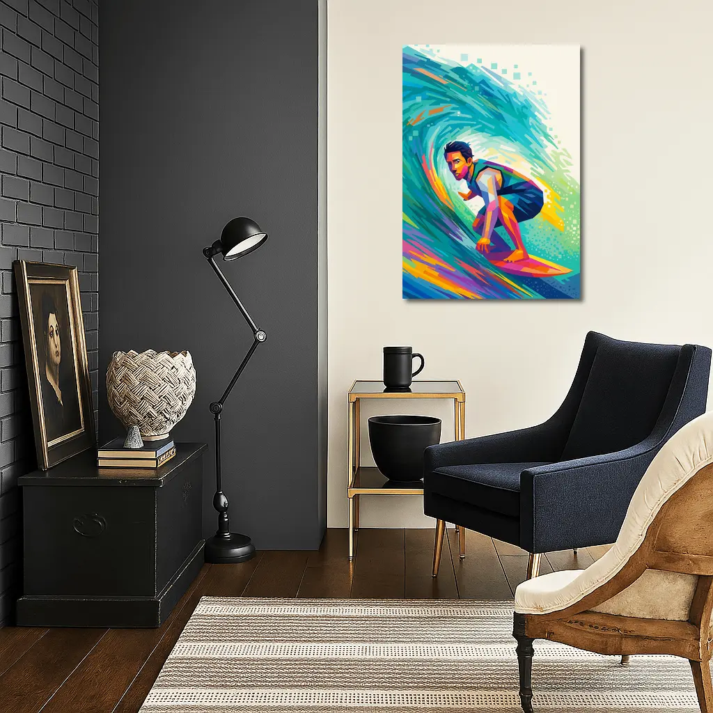 Surfer Riding Colorful Wave Pop Art – Wall Art