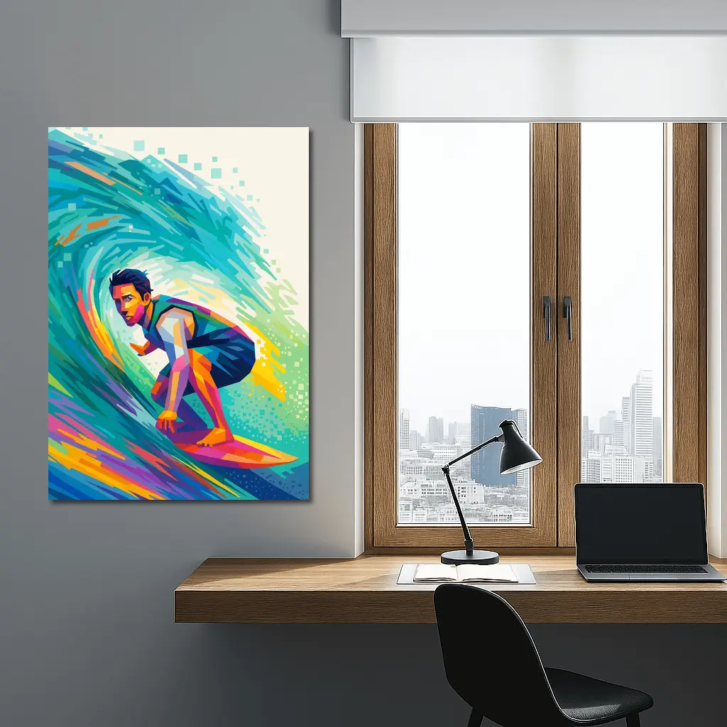 Surfer Riding Colorful Wave Pop Art – Wall Art