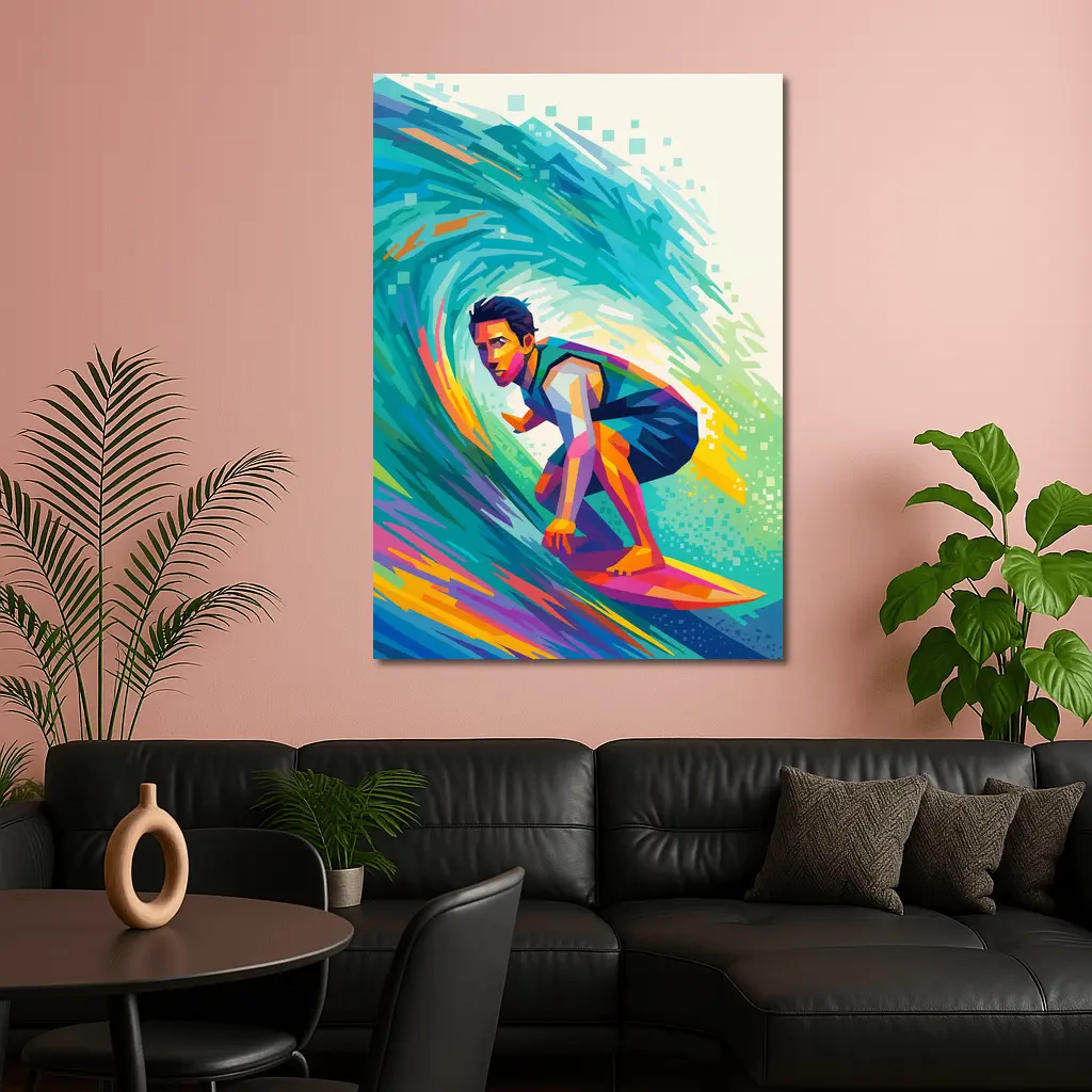 Surfer Riding Colorful Wave Pop Art – Wall Art