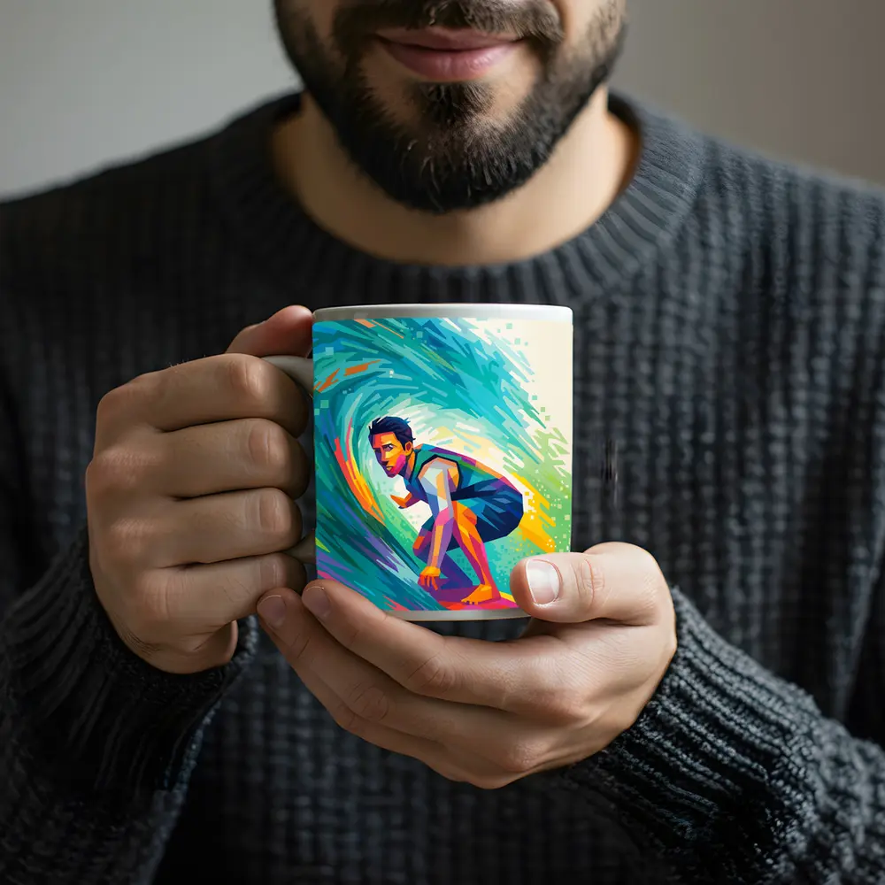 Surfer Riding Colorful Wave Pop Art – Mugs