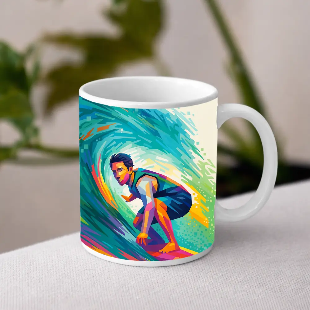 Surfer Riding Colorful Wave Pop Art – Mugs