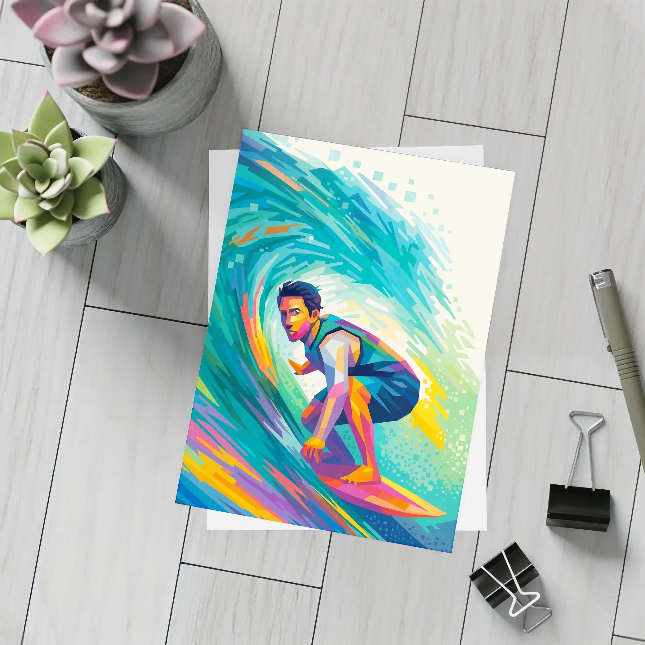 Surfer Riding Colorful Wave Pop Art – Postcards