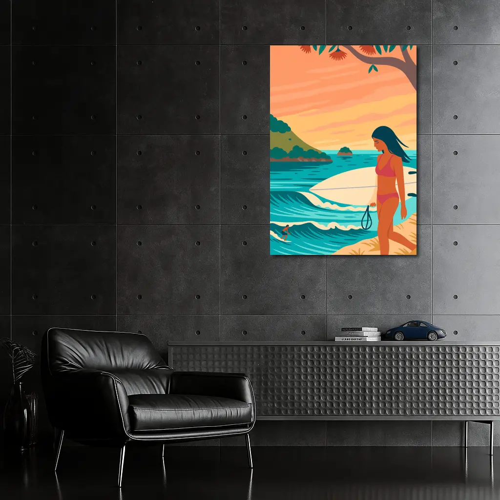 Surfer Girl Beach Sunset Illustration Art – Wall Art