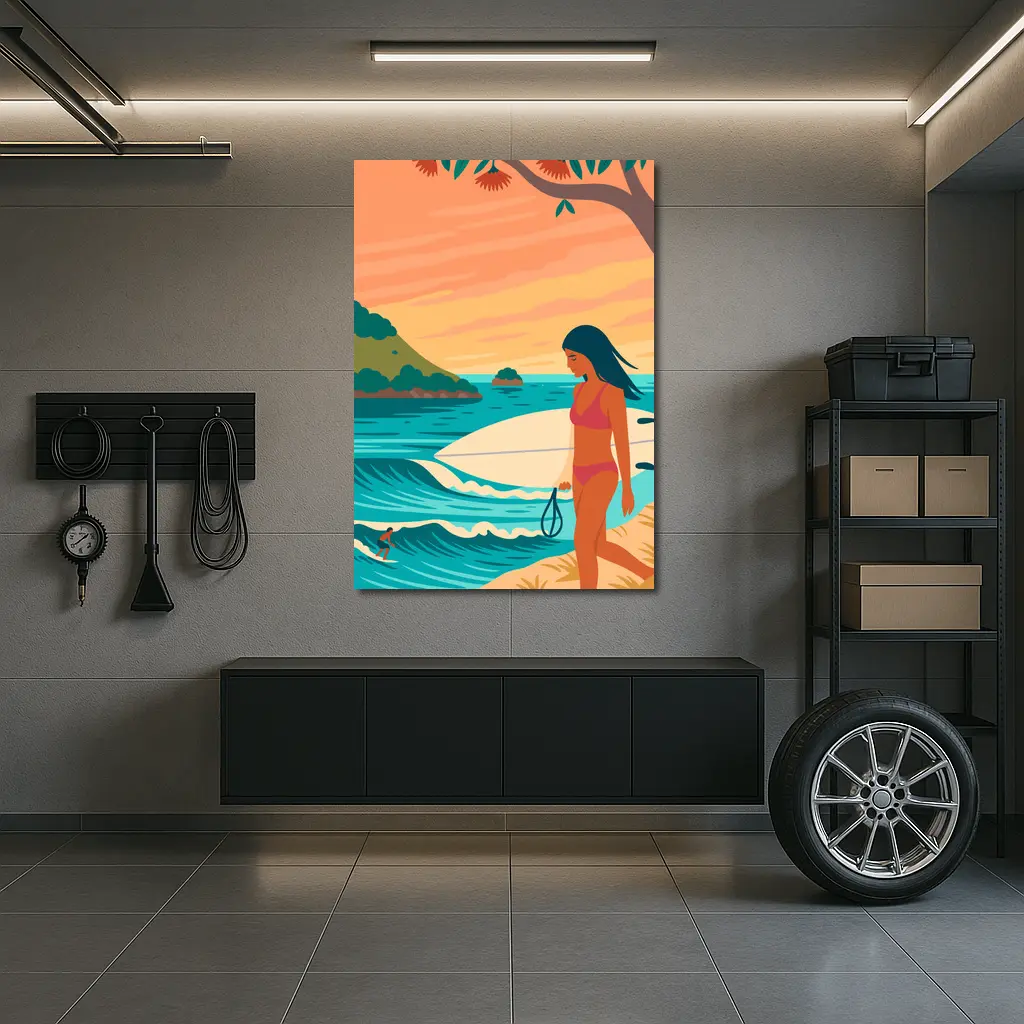 Surfer Girl Beach Sunset Illustration Art – Wall Art