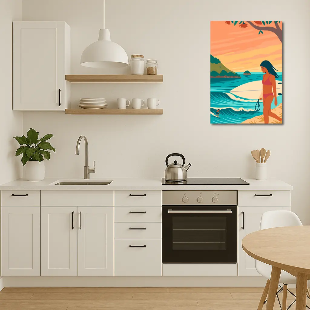 Surfer Girl Beach Sunset Illustration Art – Wall Art