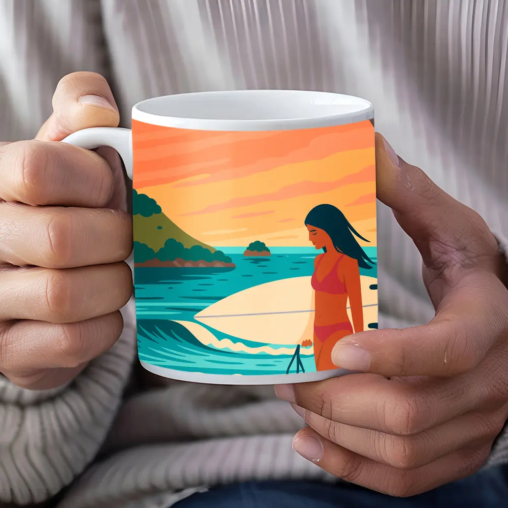 Surfer Girl Beach Sunset Illustration Art – Mugs