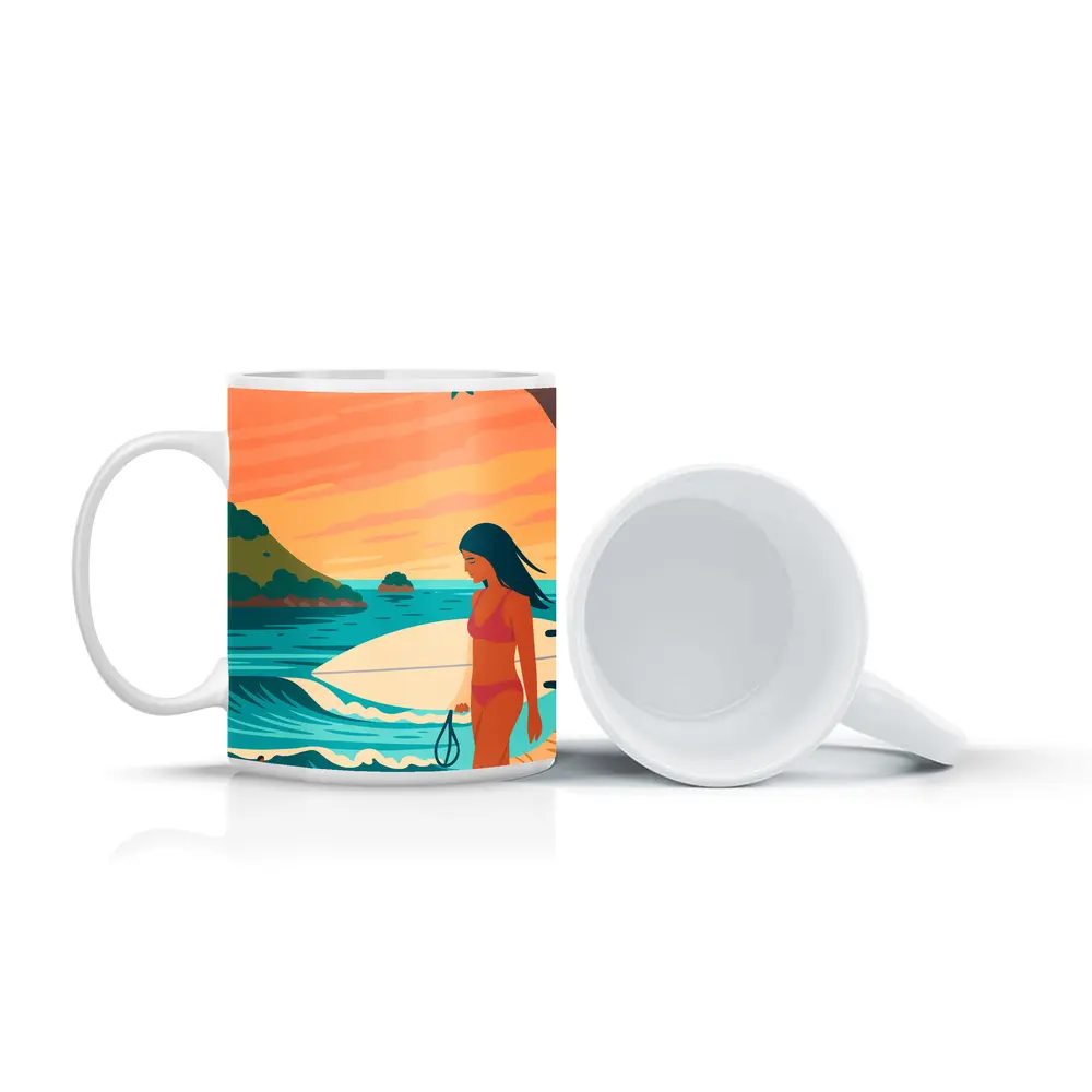 Surfer Girl Beach Sunset Illustration Art – Mugs