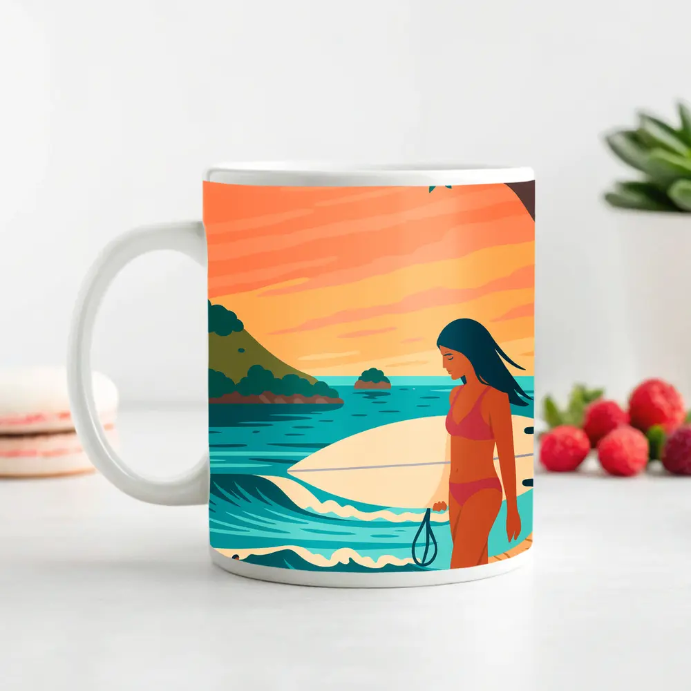 Surfer Girl Beach Sunset Illustration Art – Mugs