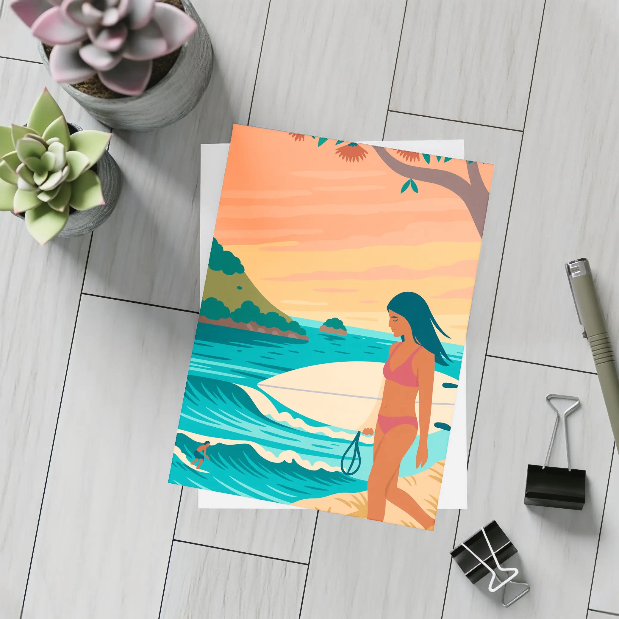 Surfer Girl Beach Sunset Illustration Art – Postcards