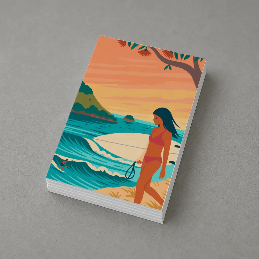 Surfer Girl Beach Sunset Illustration Art – Postcards