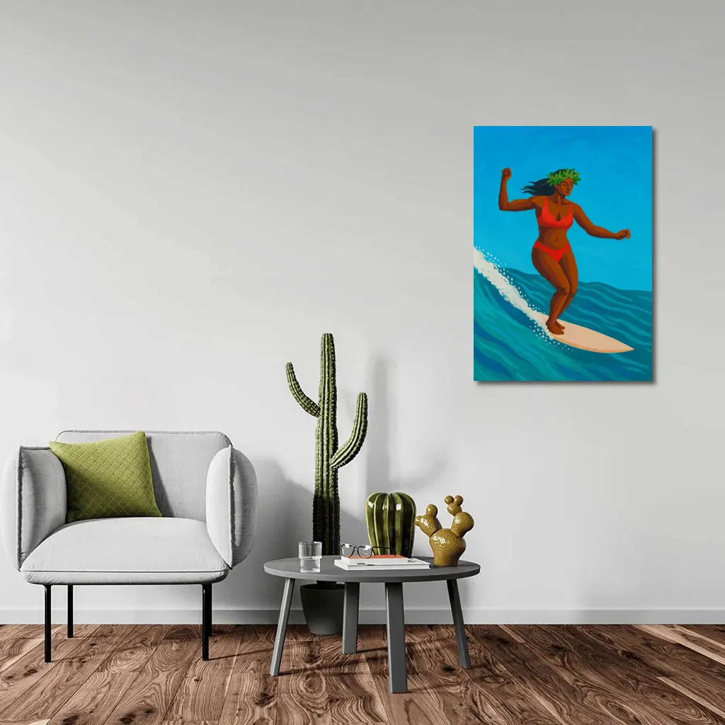 Hawaiian Surfer Woman Riding Ocean Wave – Wall Art