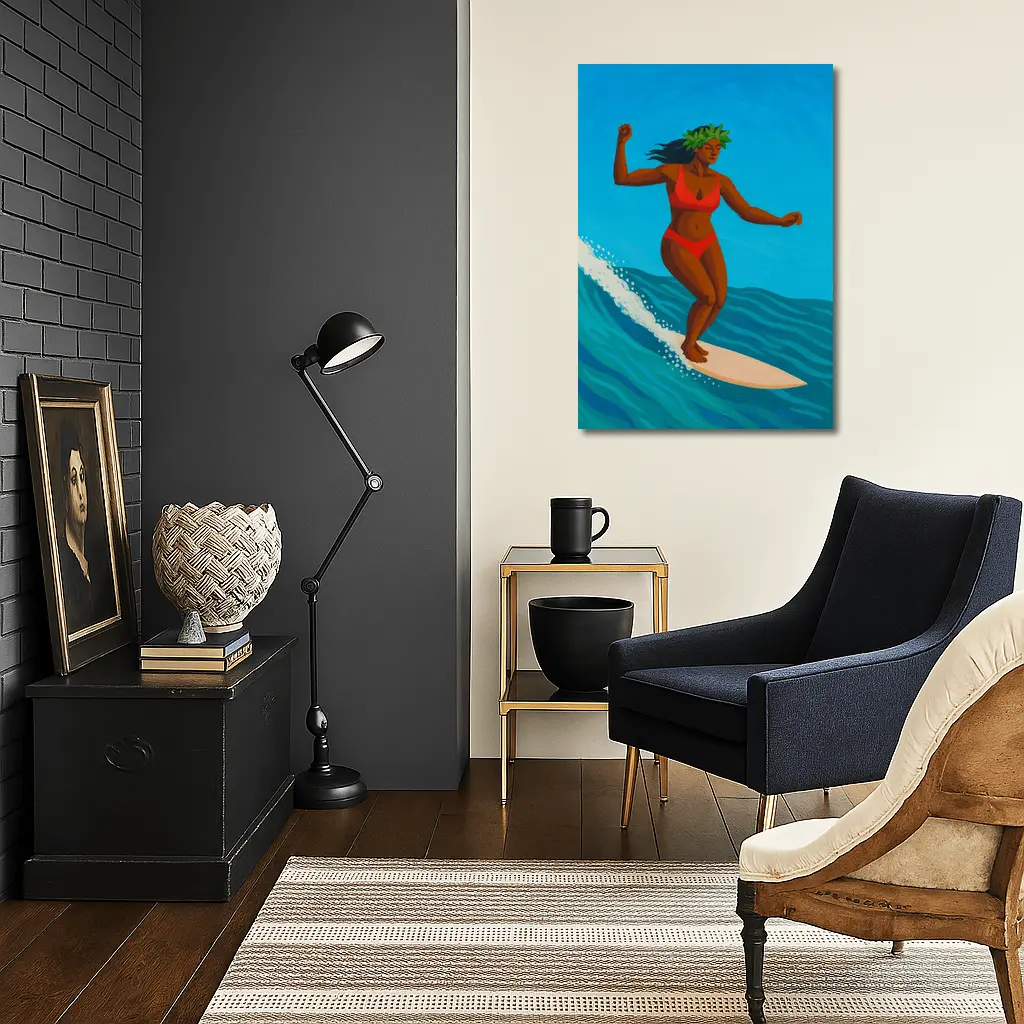 Hawaiian Surfer Woman Riding Ocean Wave – Wall Art