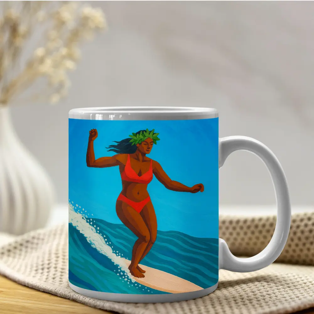 Hawaiian Surfer Woman Riding Ocean Wave – Mugs