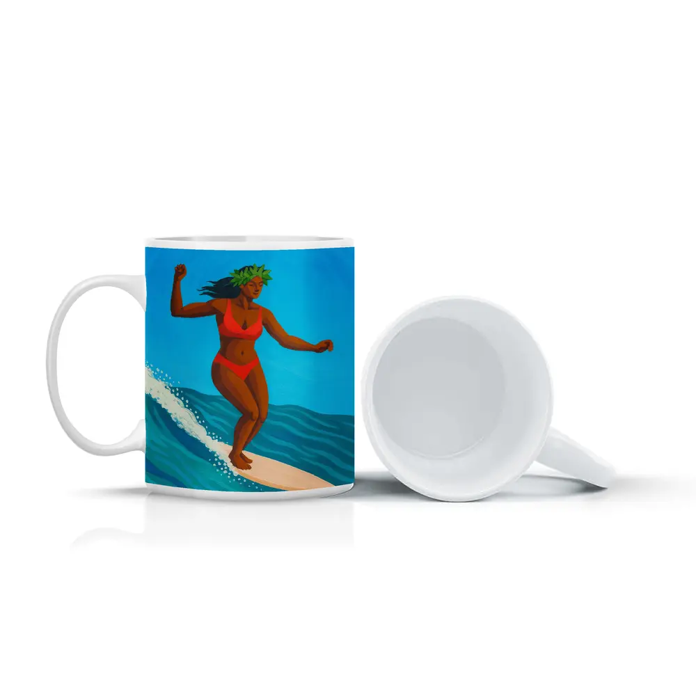 Hawaiian Surfer Woman Riding Ocean Wave – Mugs