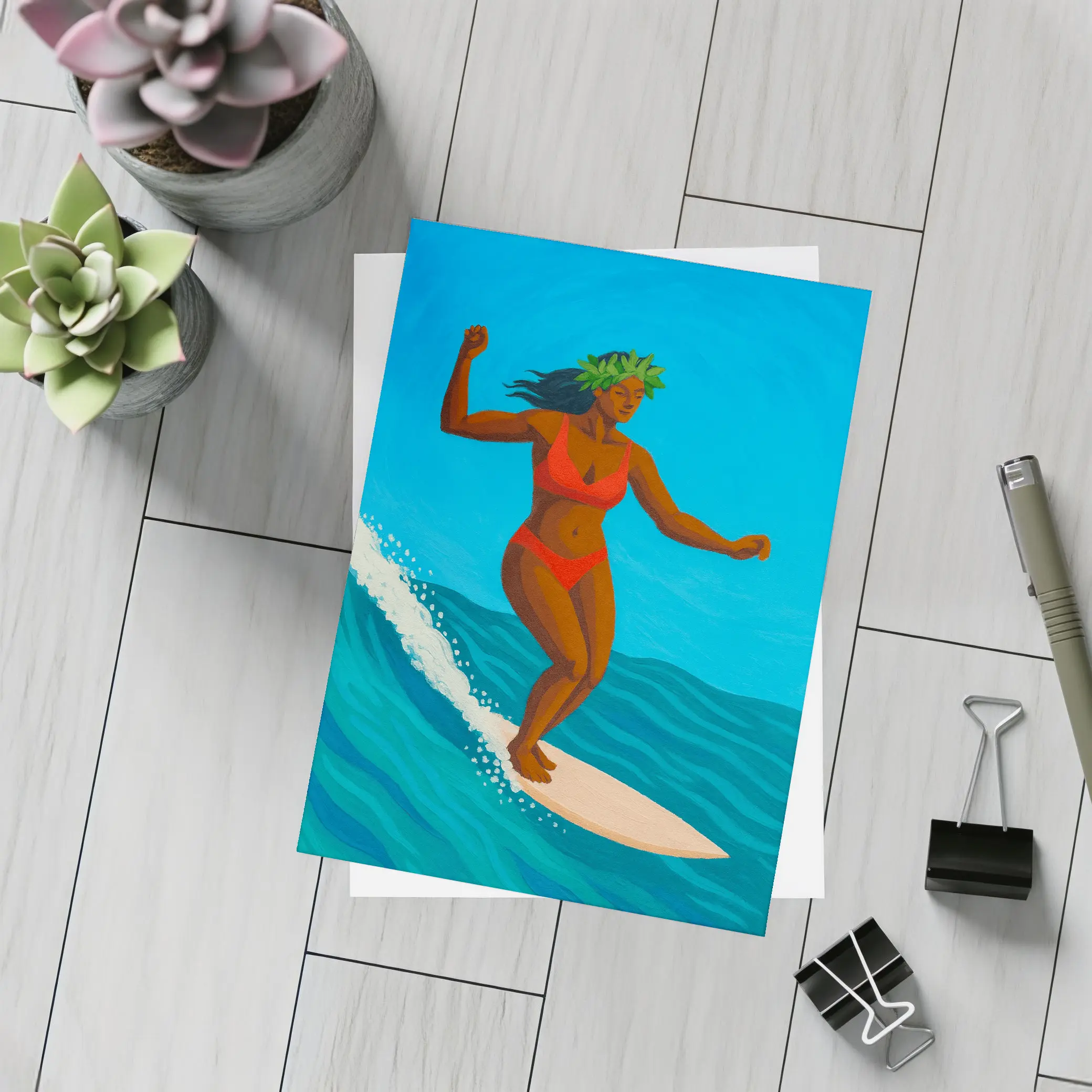 Hawaiian Surfer Woman Riding Ocean Wave – Postcards
