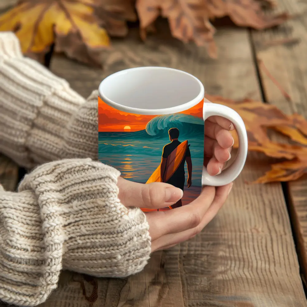Surfer Watching Wave at Sunset Beach – Mugs
