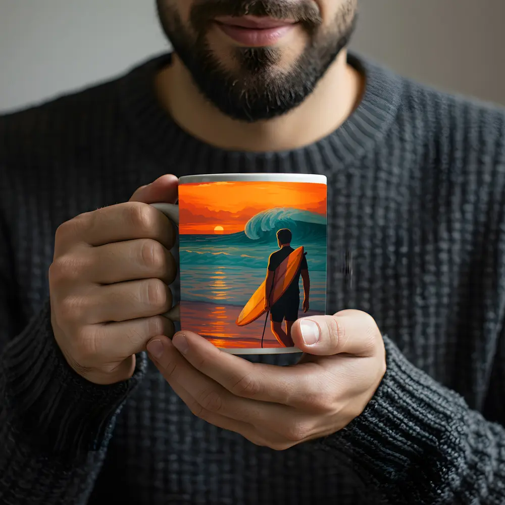 Surfer Watching Wave at Sunset Beach – Mugs