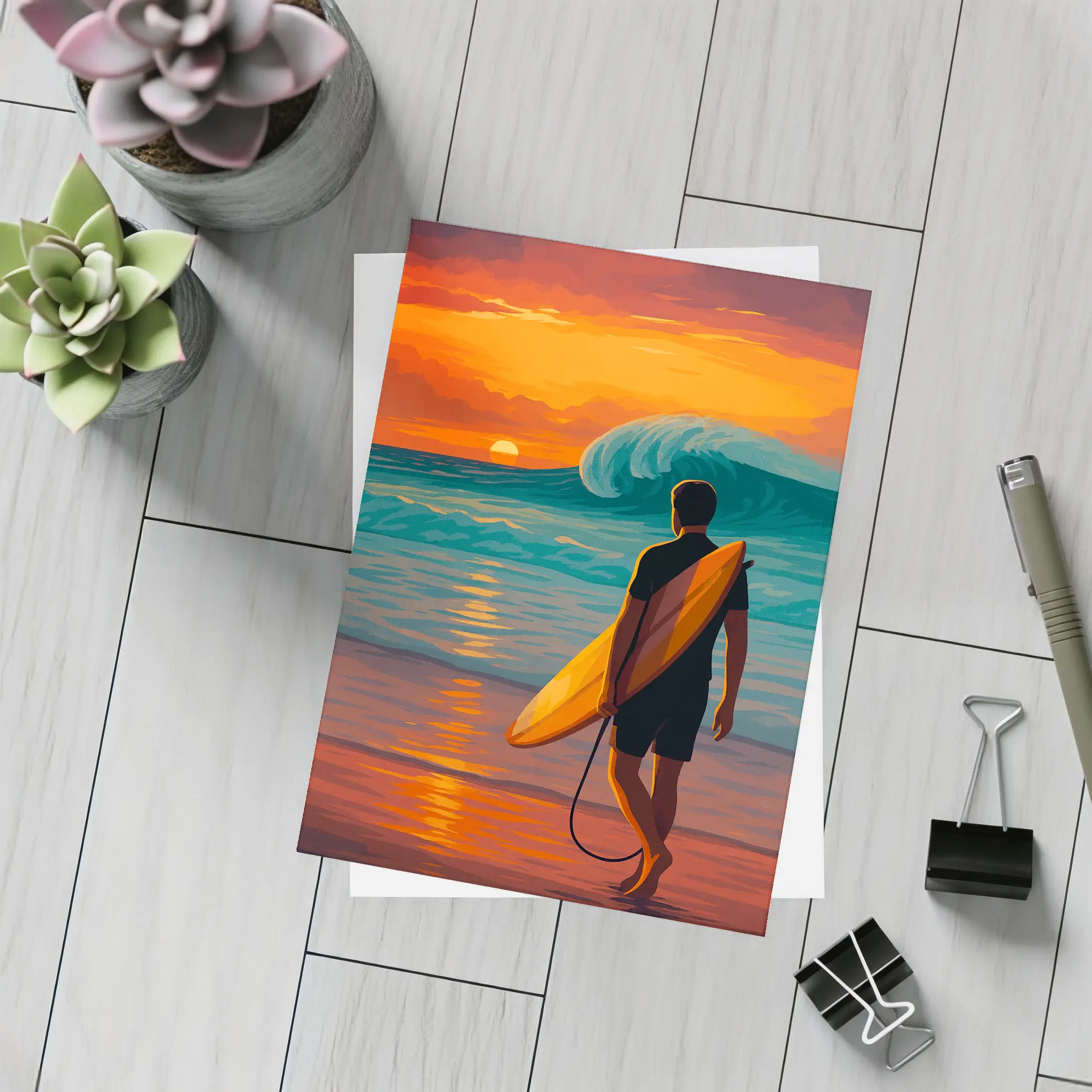 Surfer Watching Wave at Sunset Beach – Postcards