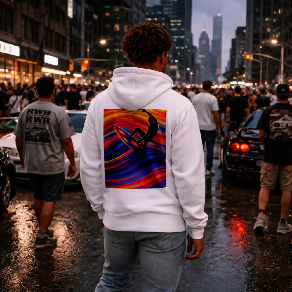Surfer Riding Psychedelic Colorful Wave Art – Hoodies