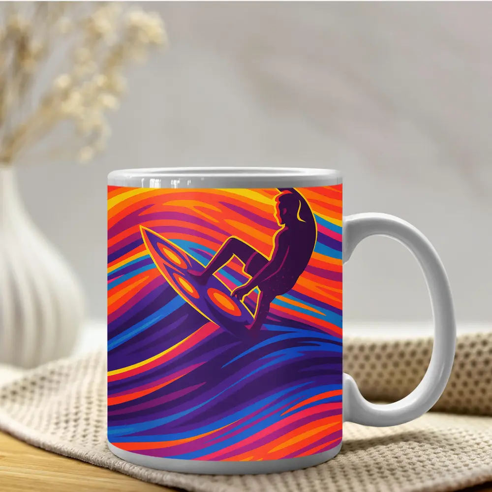 Surfer Riding Psychedelic Colorful Wave Art – Mugs