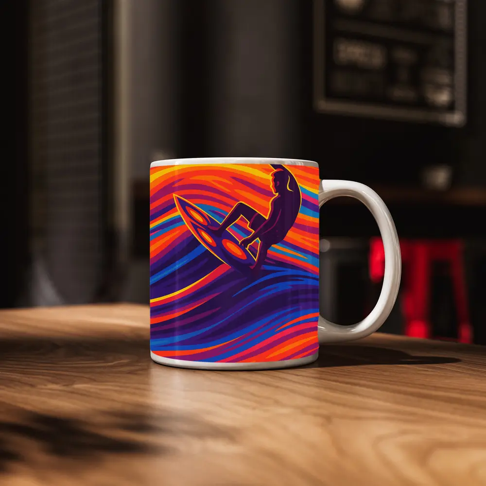 Surfer Riding Psychedelic Colorful Wave Art – Mugs