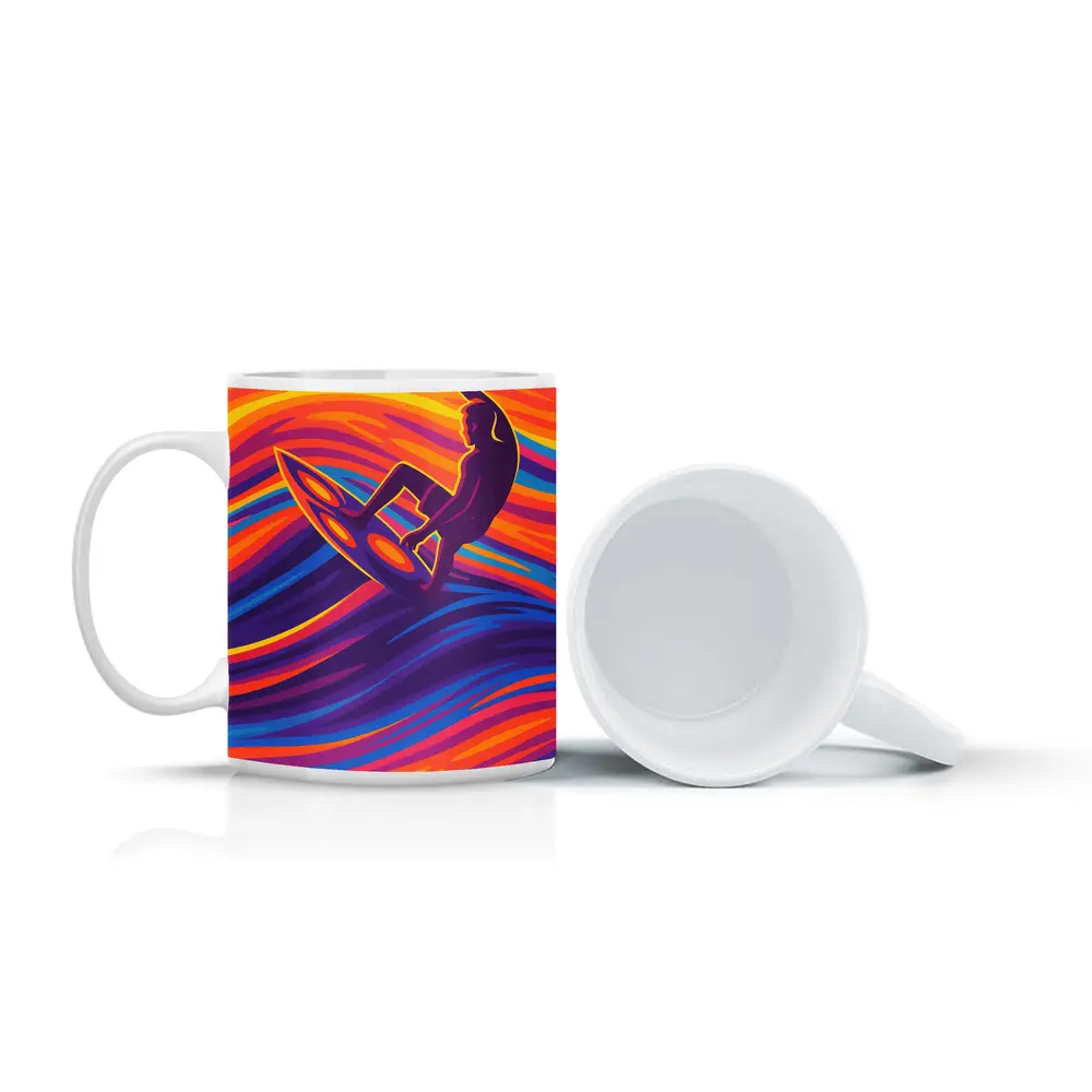 Surfer Riding Psychedelic Colorful Wave Art – Mugs