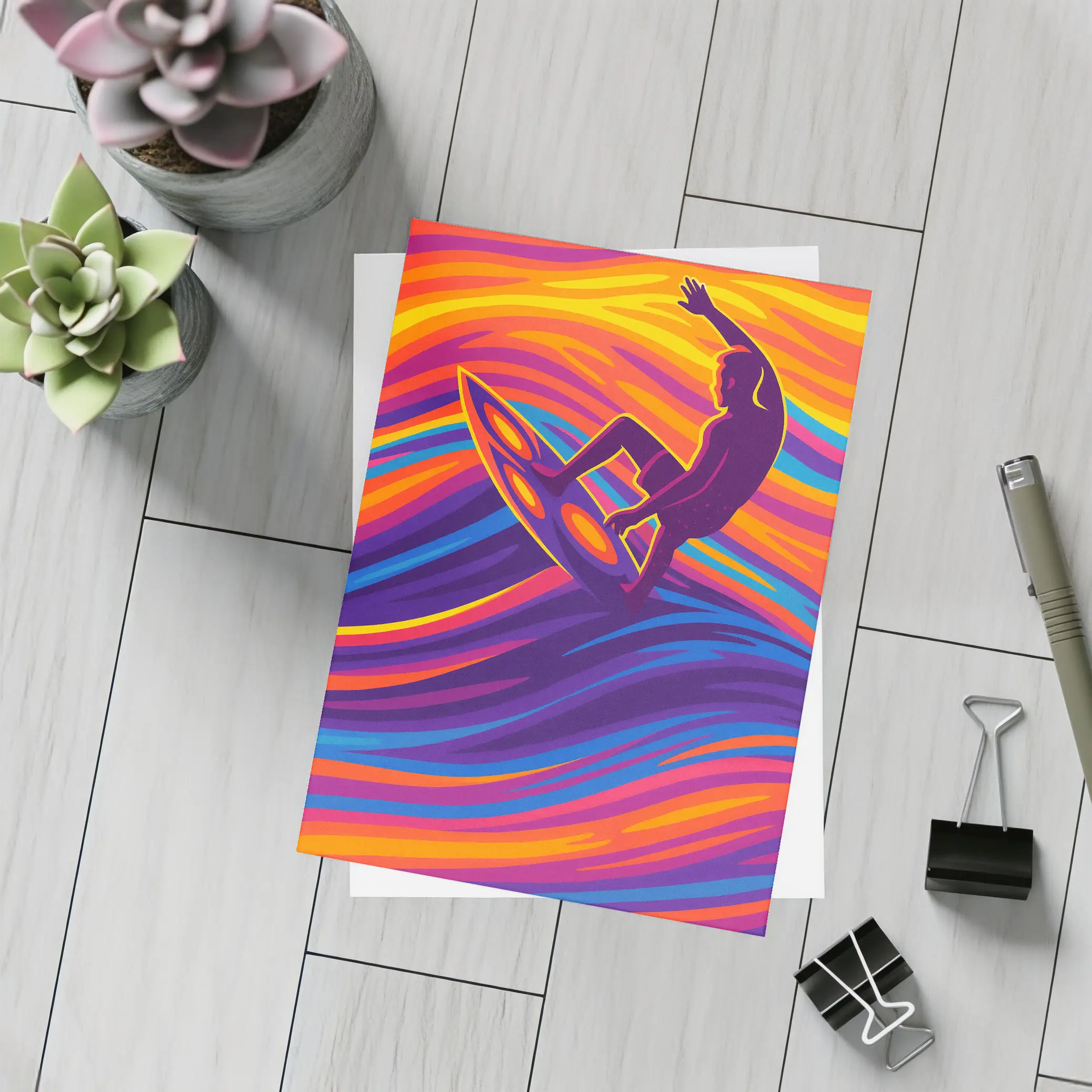 Surfer Riding Psychedelic Colorful Wave Art – Postcards