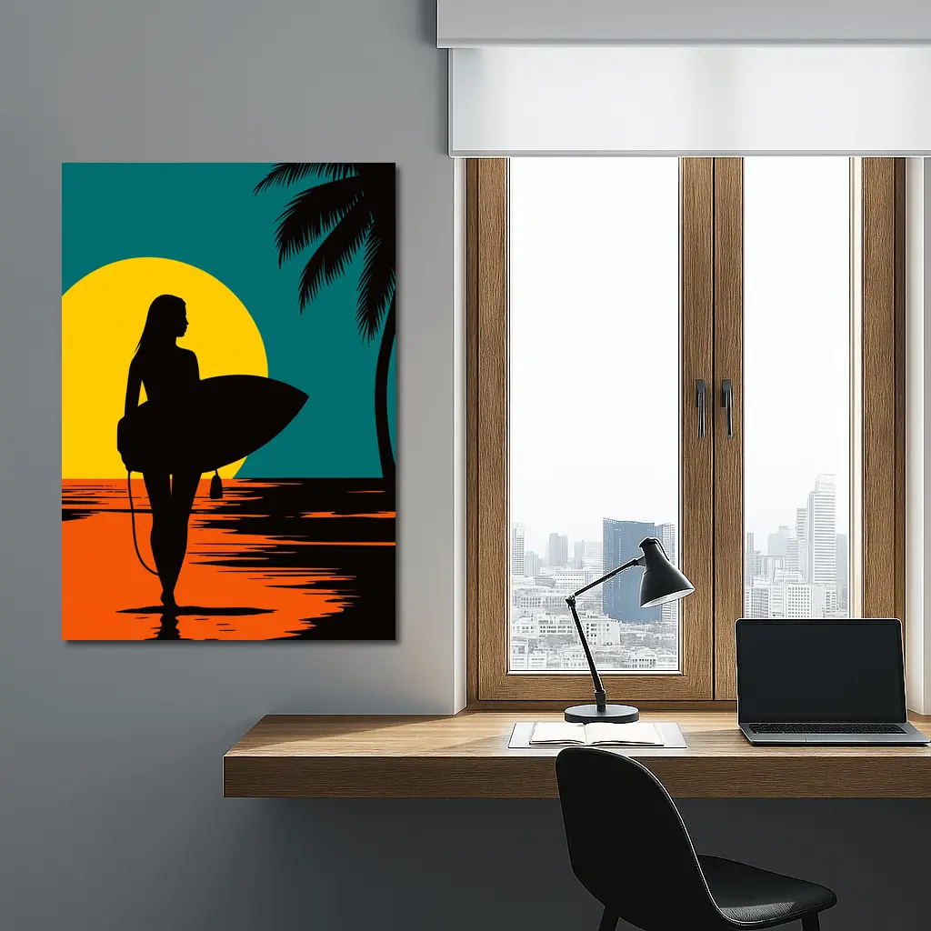 Surfer Girl Silhouette Sunset Palm Tree Beach – Wall Art