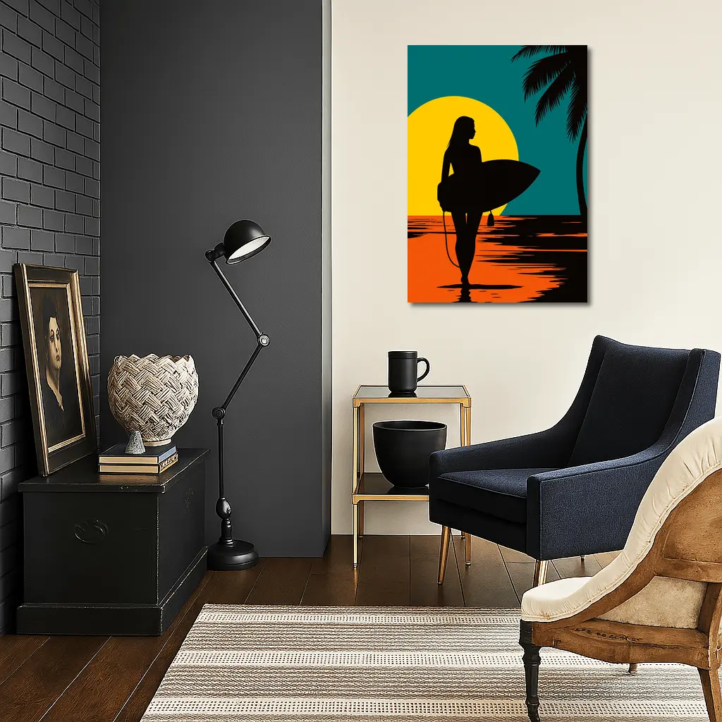 Surfer Girl Silhouette Sunset Palm Tree Beach – Wall Art