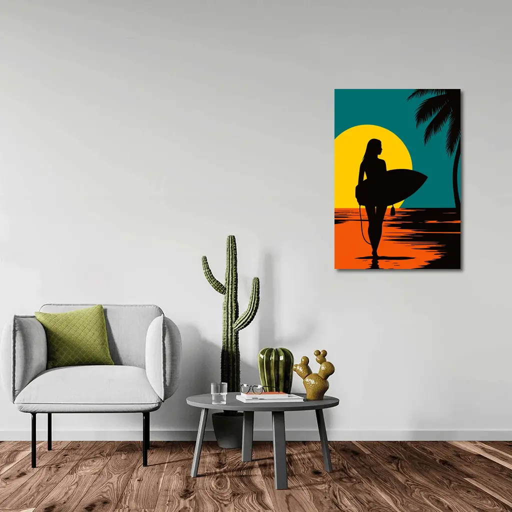 Surfer Girl Silhouette Sunset Palm Tree Beach – Wall Art