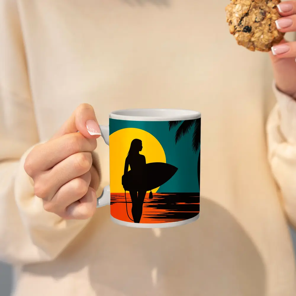 Surfer Girl Silhouette Sunset Palm Tree Beach – Mugs