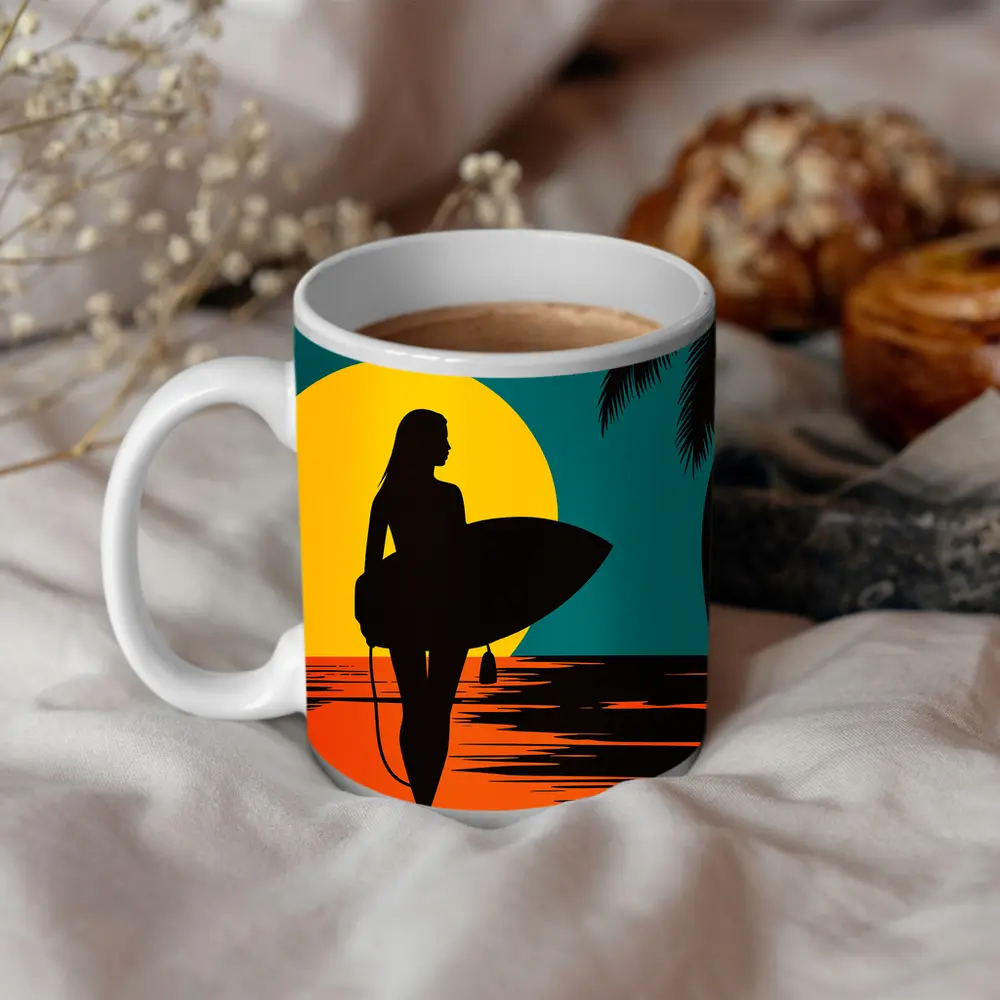 Surfer Girl Silhouette Sunset Palm Tree Beach – Mugs
