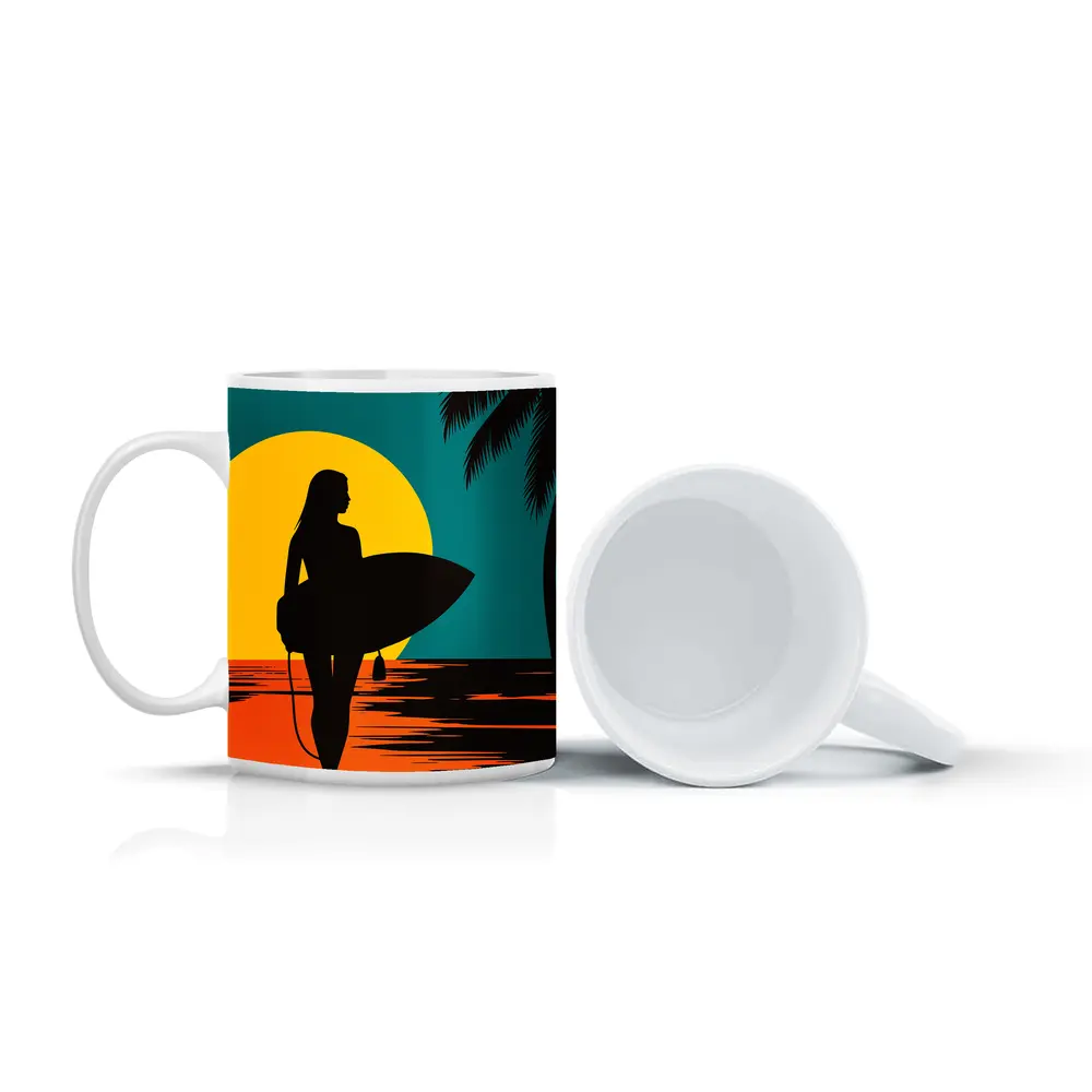 Surfer Girl Silhouette Sunset Palm Tree Beach – Mugs