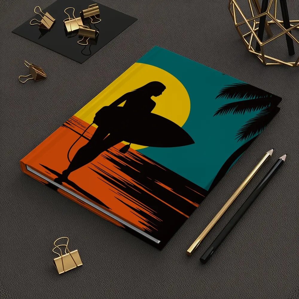 Surfer Girl Silhouette Sunset Palm Tree Beach – Notebooks