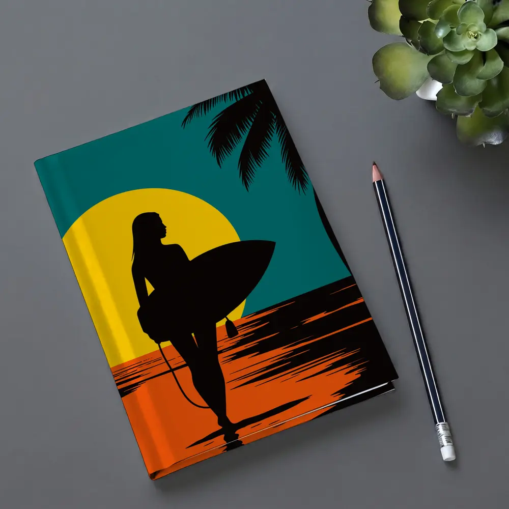 Surfer Girl Silhouette Sunset Palm Tree Beach – Notebooks