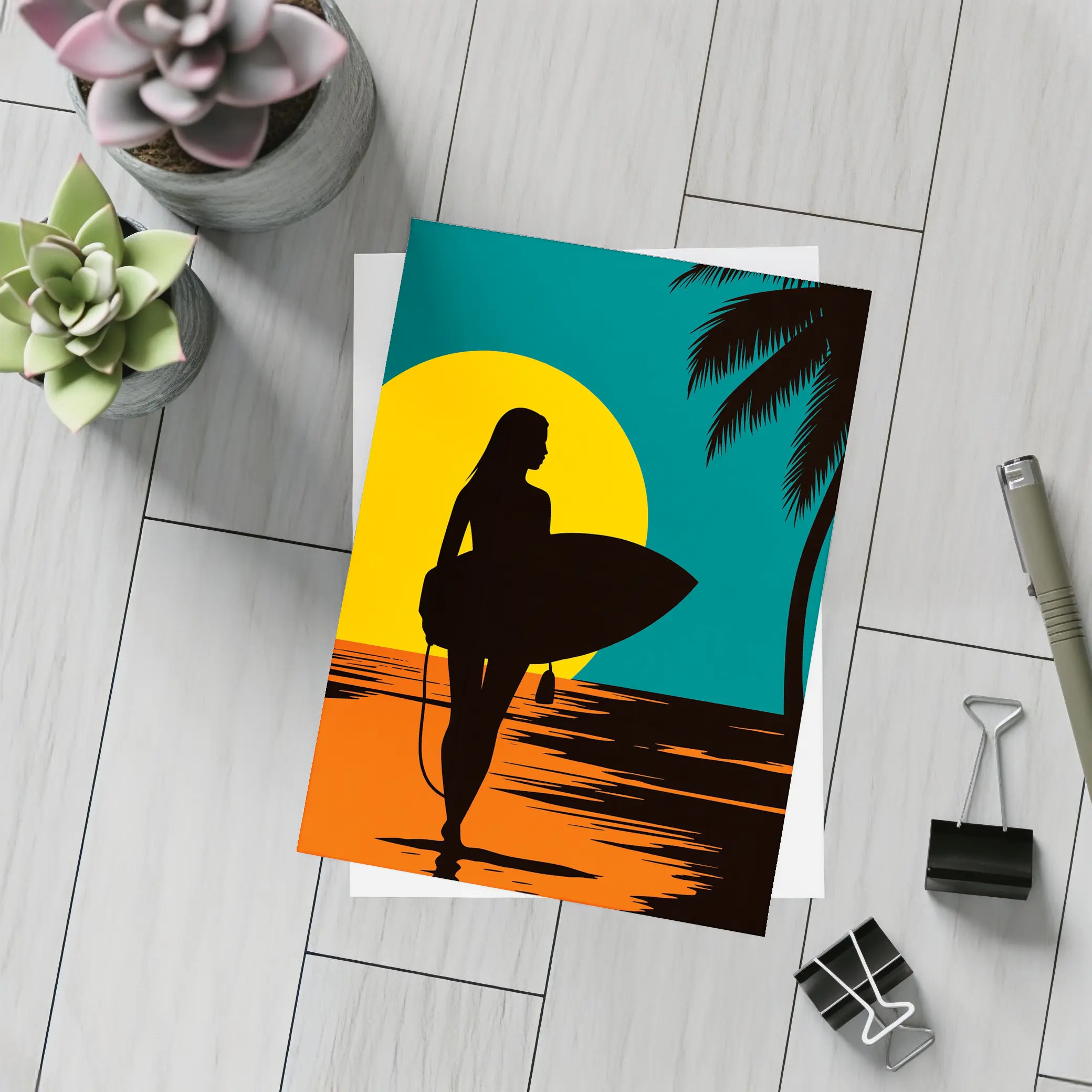Surfer Girl Silhouette Sunset Palm Tree Beach – Postcards