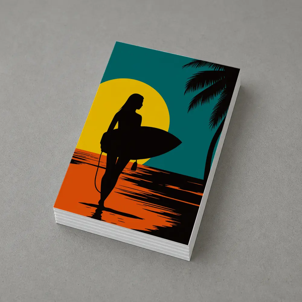 Surfer Girl Silhouette Sunset Palm Tree Beach – Postcards