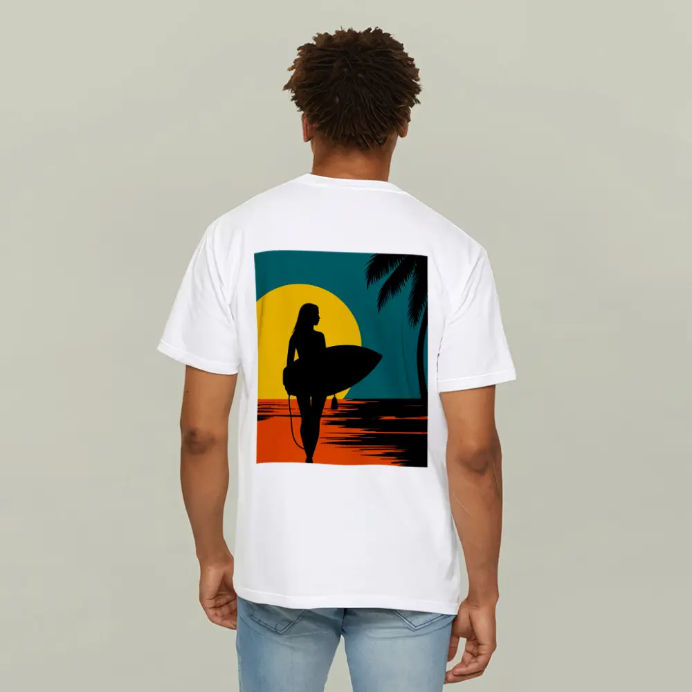 Surfer Girl Silhouette Sunset Palm Tree Beach – T-Shirts