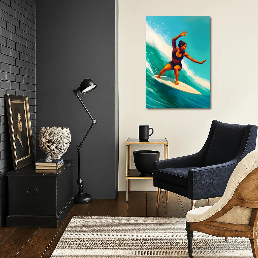 Woman Surfing Big Teal Ocean Wave Art – Wall Art