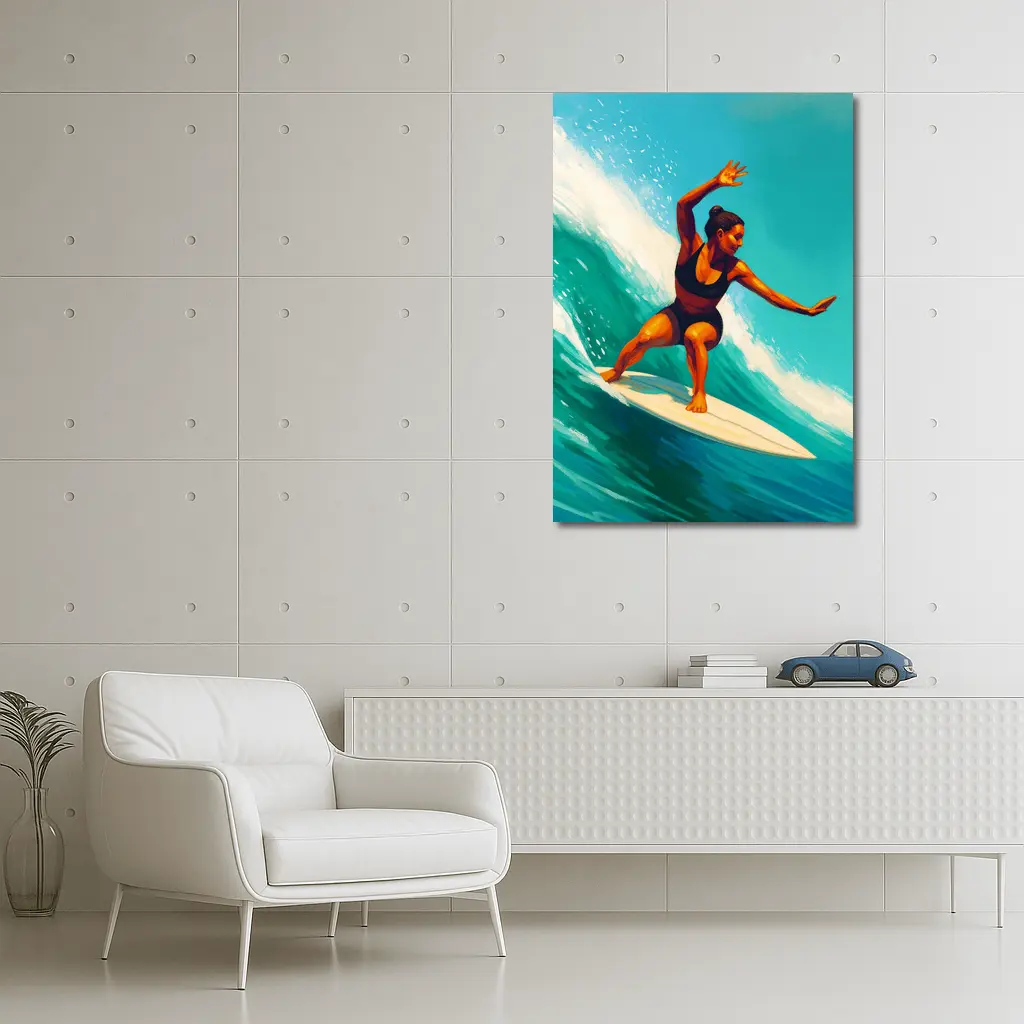 Woman Surfing Big Teal Ocean Wave Art – Wall Art