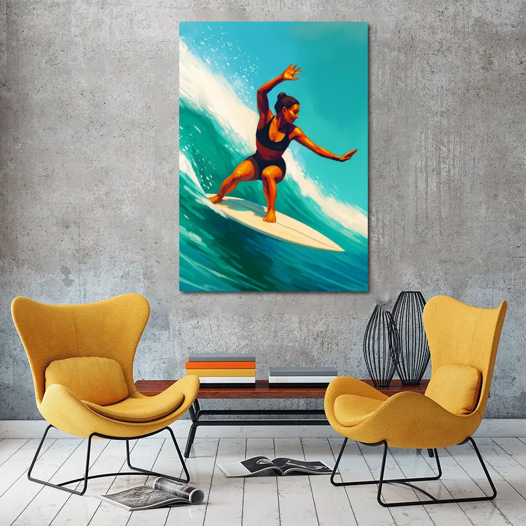 Woman Surfing Big Teal Ocean Wave Art – Wall Art
