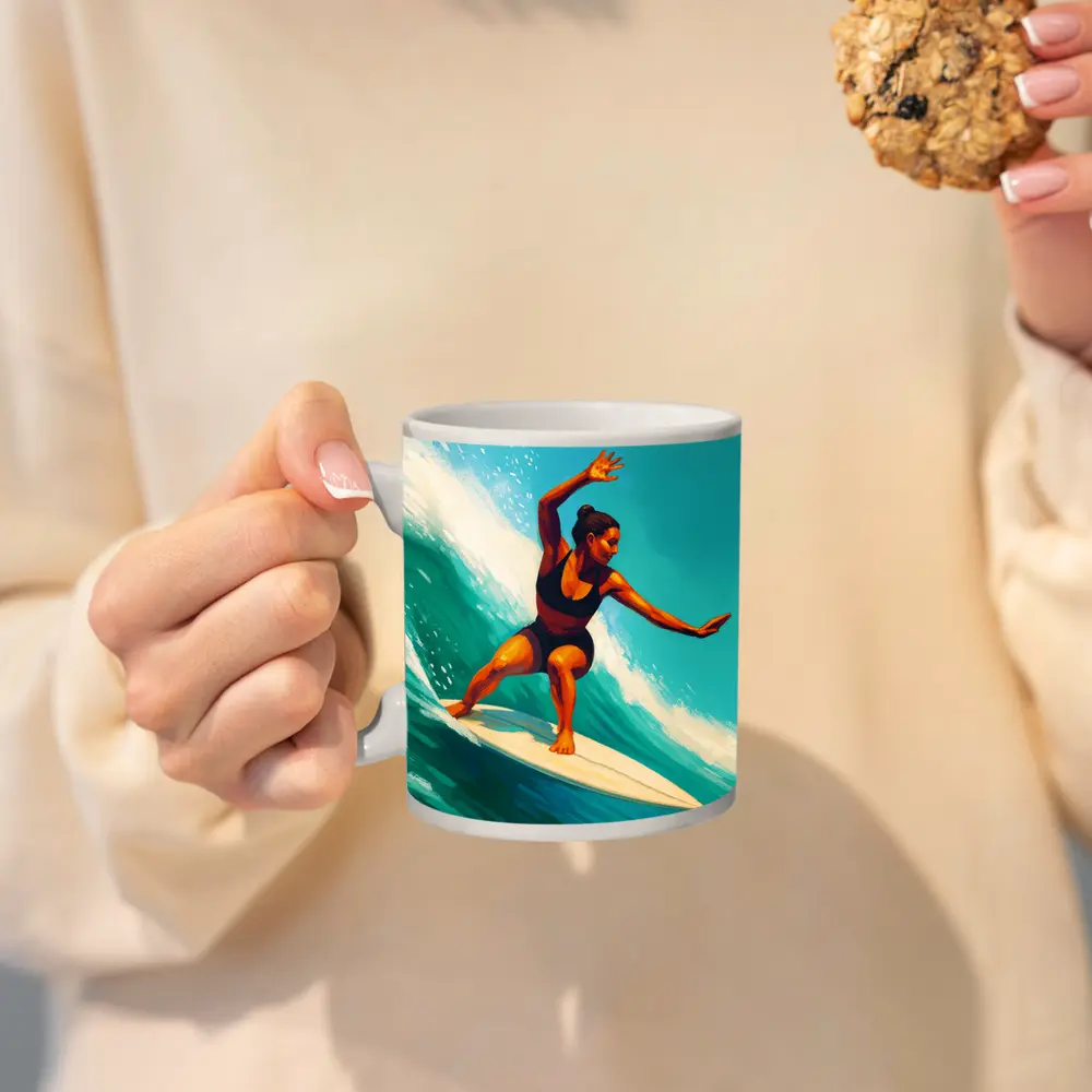 Woman Surfing Big Teal Ocean Wave Art – Mugs