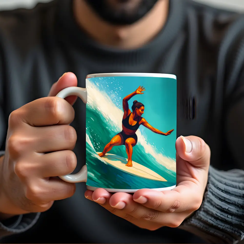 Woman Surfing Big Teal Ocean Wave Art – Mugs